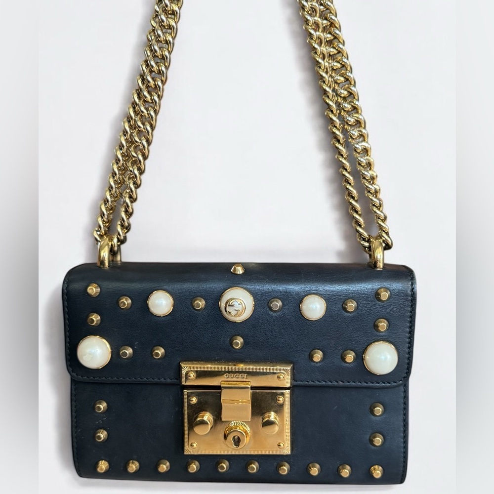 Gucci Padlock Small Shoulder Bag Agata Midnight Blue Calfskin Pearl Studs
